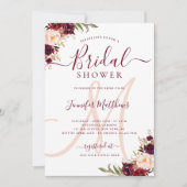 バーガンディの花のエレガントなモノグラムのブライダルシャワー 招待状 (正面)