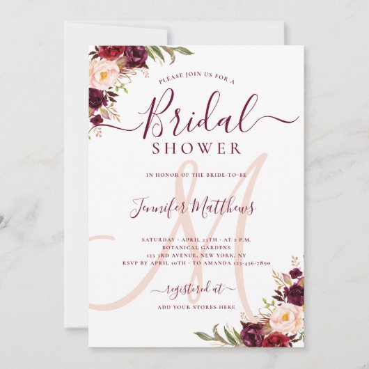 バーガンディの花のエレガントなモノグラムのブライダルシャワー 招待状 (正面)