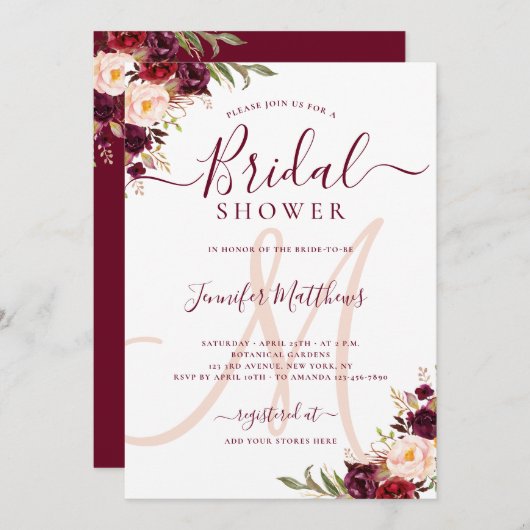 バーガンディの花のエレガントなモノグラムのブライダルシャワー 招待状 (正面/裏面)