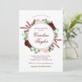 バーガンディの花のブライダルシャワーのエレガントな水彩画 招待状 (スタンド正面)