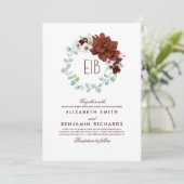 バーガンディの花のリース-エレガントなモノグラムの結婚式 招待状 (スタンド正面)