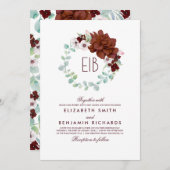 バーガンディの花のリース-エレガントなモノグラムの結婚式 招待状 (正面/裏面)