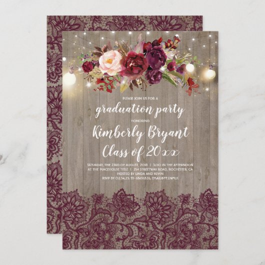 バーガンディの花のレースの素朴な卒業パーティー 招待状 (正面/裏面)