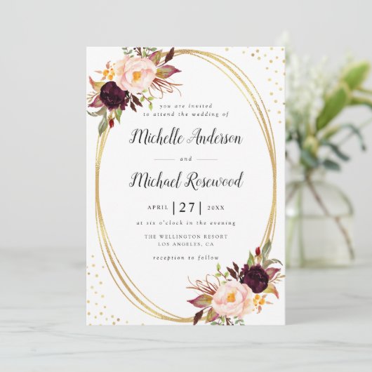 バーガンディの花の幾何学的な結婚式招待状 招待状 (スタンド正面)