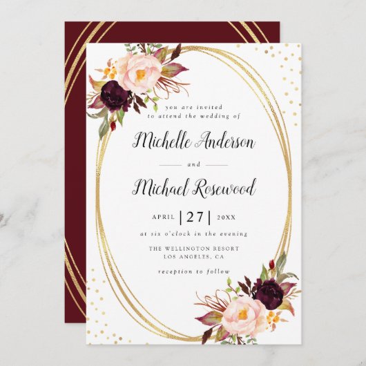 バーガンディの花の幾何学的な結婚式招待状 招待状 (正面/裏面)