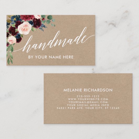 バーガンディの花の書道のハンドメイドのクラフトのスタイル 名刺 (正面/裏面)