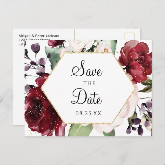 バーガンディの花の水彩画の六角形の保存日付 案内ポストカード (正面/裏面)