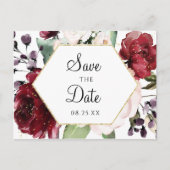 バーガンディの花の水彩画の六角形の保存日付 案内ポストカード (正面)
