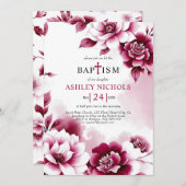 バーガンディの花の水彩画の少女の洗礼 招待状 (正面/裏面)