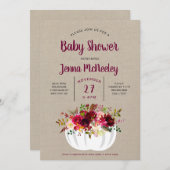 バーガンディの花の白いカボチャベビーシャワー 招待状 (正面/裏面)