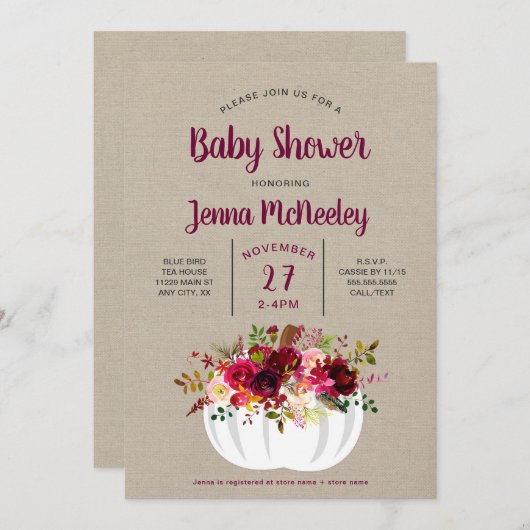 バーガンディの花の白いカボチャベビーシャワー 招待状 (正面/裏面)