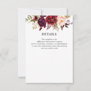 バーガンディの花の結婚式の明細カード 出欠カード