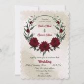 バーガンディの花の緑のリース結婚ズ 招待状 (正面)