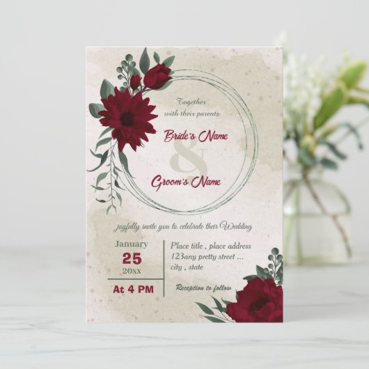 バーガンディの花の緑のリース結婚ズ 招待状 (スタンド正面)