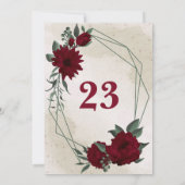 バーガンディの花の緑の幾何学的なテーブル番号 招待状 (裏面)