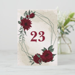 バーガンディの花の緑の幾何学的なテーブル番号 招待状