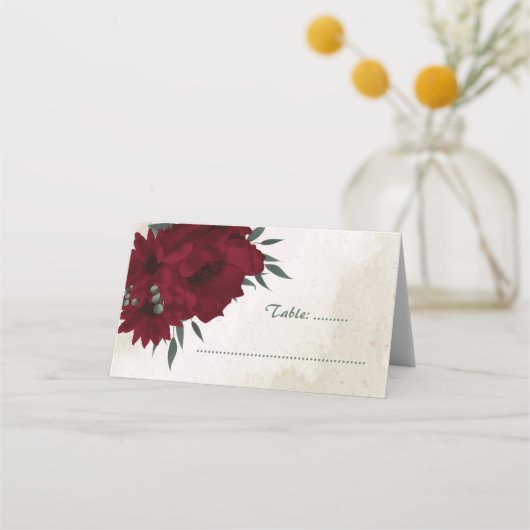 バーガンディの花の緑の座席表 プレイスカード (正面)