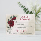 バーガンディの花の緑の結婚食事の選択 出欠カード (スタンド正面)