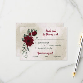 バーガンディの花の緑の結婚食事の選択 出欠カード
