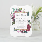 バーガンディの花の赤ちゃんシャワー。マルーンの招待 招待状 (スタンド正面)