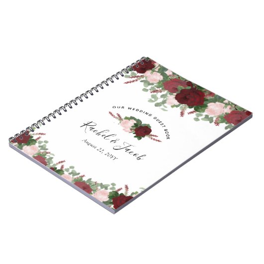 バーガンディの花の赤面のピンクの結婚式の来客名簿 ノートブック (左側)