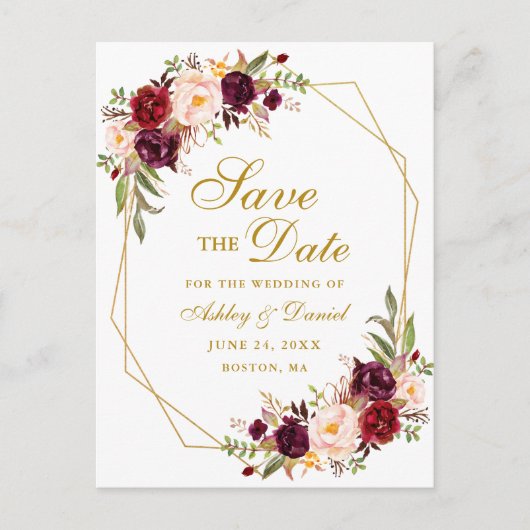 バーガンディの花の金ゴールドフレームの保存日付 案内ポストカード (正面)