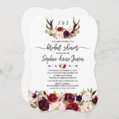 バーガンディの花の(雄ジカの)枝角の手書きのブライダルシャワー 招待状 (正面/裏面)