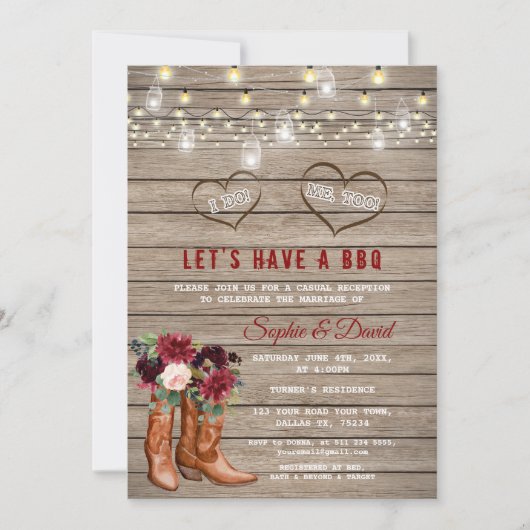 バーガンディの花ウェスタンカウボーイブーツ私はバーベキュー 招待状 (正面)