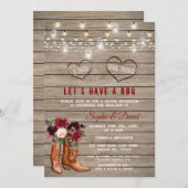 バーガンディの花ウェスタンカウボーイブーツ私はバーベキュー 招待状 (正面/裏面)