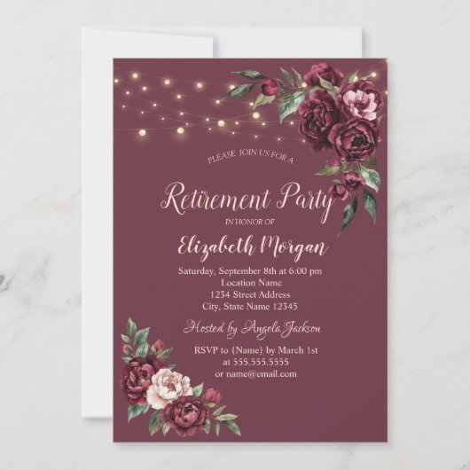 バーガンディの花ライトバーガンディ退職 招待状 (正面)