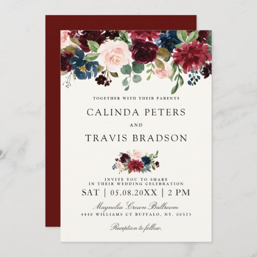 バーガンディの花束|の花の結婚式 招待状 (正面/裏面)