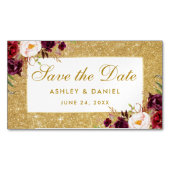 バーガンディの花柄の保存日付の金ゴールドの小型磁石 マグネット名刺 (正面)