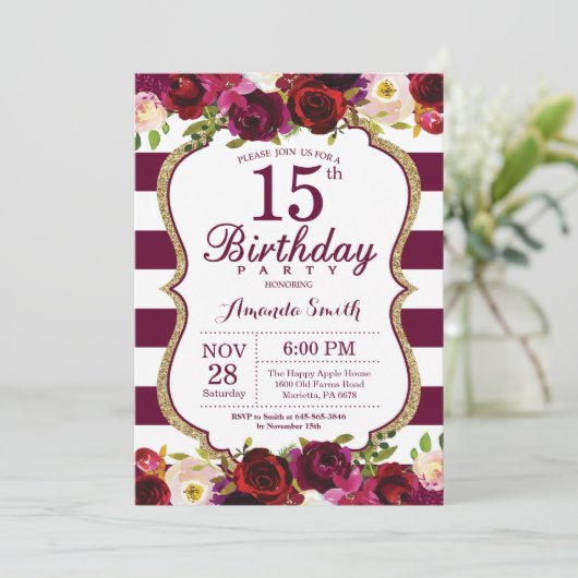 バーガンディの花柄の第15誕生日のパーティの招待状 招待状 (スタンド正面)
