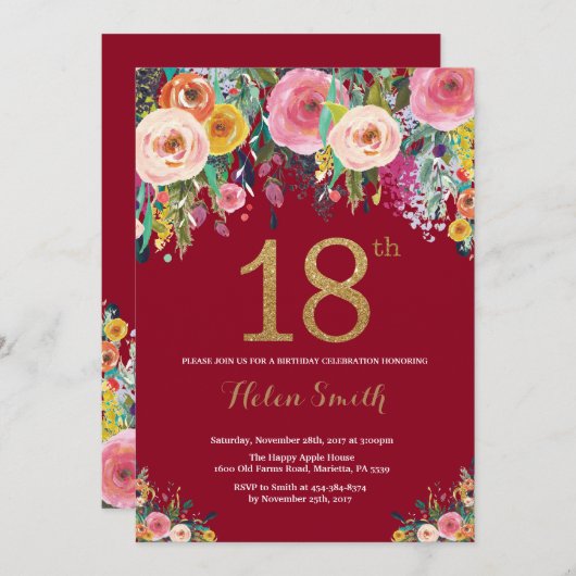 バーガンディの花柄の第18誕生日の招待状の金ゴールド 招待状 (正面/裏面)