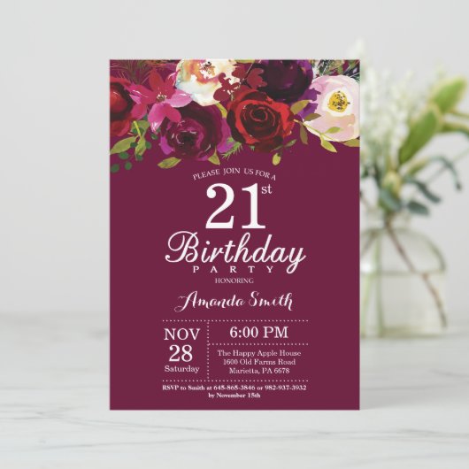 バーガンディの花柄の第21誕生日のパーティの招待状 招待状 (スタンド正面)