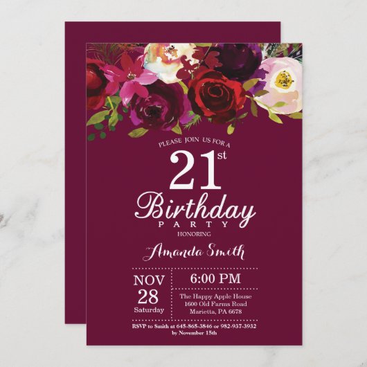バーガンディの花柄の第21誕生日のパーティの招待状 招待状 (正面/裏面)