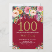 バーガンディの花柄の100th誕生日の招待状の金ゴールド 招待状 (正面)