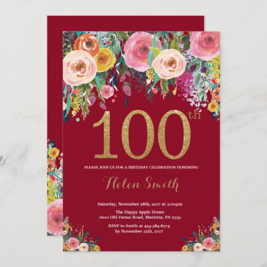 バーガンディの花柄の100th誕生日の招待状の金ゴールド 招待状 (正面/裏面)
