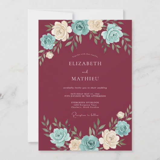 バーガンディの花輪のウェディングフラワー 招待状 (正面)