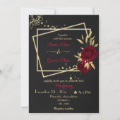 バーガンディの花金ゴールド幾何学的結婚ブラック 招待状 (正面)