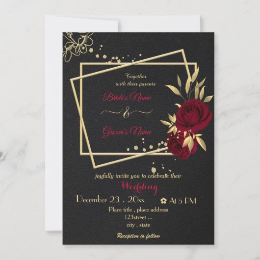 バーガンディの花金ゴールド幾何学的結婚ブラック 招待状 (正面)