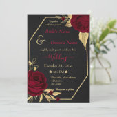 バーガンディの花金ゴールド幾何学的結婚ブラック 招待状 (スタンド正面)