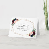 バーガンディの花、ネイビーの花、ブライダルシャワー サンキューカード (正面)