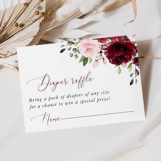 バーガンディの花、ピンクの花、おむつラッフル エンクロージャーカード