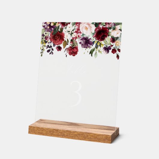 バーガンディの花、ピンクの花、テーブル番号 アクリルサイン (傾斜)