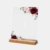 バーガンディの花、ピンクの花、テーブル番号 アクリルサイン (傾斜)