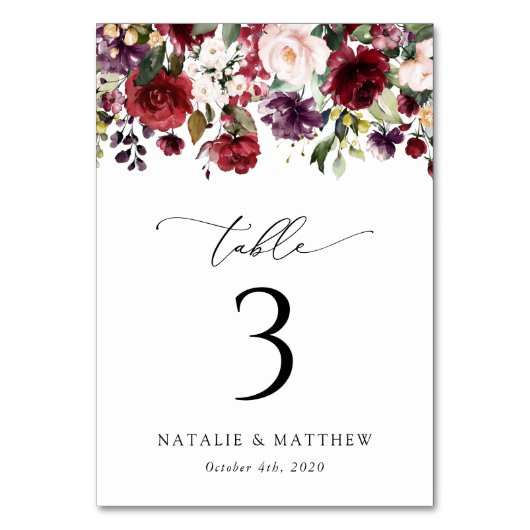 バーガンディの花、ピンクの花、テーブル番号 テーブルナンバー (裏面)
