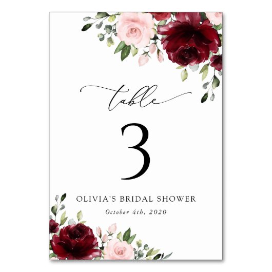 バーガンディの花、ピンクの花、テーブル番号 テーブルナンバー (正面)