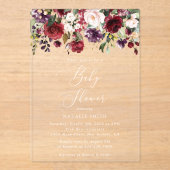 バーガンディの花,ピンクの花,ボホ,赤ちゃんシャワー アクリル招待状 (正面)