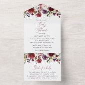 バーガンディの花,ピンクの花,ボホ,赤ちゃんシャワー オールインワン招待状 (内側)